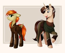 Size: 986x811 | Tagged: safe, artist:lolepopenon, oc, oc:bracer, oc:mcfinnigan the mage, pegasus, pony, unicorn, annoyed, armor, clothes, duo, emw:mmmm, goatee, happy, leather, ponified, robe