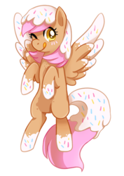Size: 496x701 | Tagged: safe, artist:tsurime, donut pony, food pony, original species, donut, female, flying, food, licking lips, looking at you, simple background, solo, spread wings, tongue out, transparent background