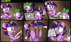 Size: 3507x2092 | Tagged: dead source, safe, artist:mistydash, spike, twilight sparkle, pony, unicorn, adorkable, book, cellphone, comic, cute, derp, dizzy, dork, facebook, facebooking, female, fluffy, frown, knocked silly, literal, mare, nose wrinkle, open mouth, phone, pun, raised eyebrow, silly, silly pony, thinking, tongue out, unicorn twilight, you're doing it wrong