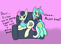Size: 1639x1171 | Tagged: safe, artist:metalaura, bon bon, lyra heartstrings, sweetie drops, g4, bon bon is not amused, bon butt, butt, clothes, couch, dialogue, duo, duo female, female, hooves on belly, lying down, open mouth, plot, prone, shirt, sitting, sitting lyra, sweater, t-shirt