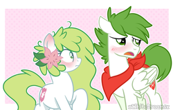 Size: 1024x656 | Tagged: safe, artist:xwhitedreamsx, oc, oc:gracidea, pony, shaymin, blushing, confession, female, flower, flower in hair, male, mare, pokémon, ponified, shipping, stallion, story included