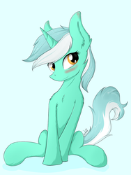 Size: 1249x1660 | Tagged: safe, artist:wolfypon, lyra heartstrings, pony, unicorn, g4, blue background, blushing, chest fluff, cute, ear fluff, female, fluffy, looking at you, simple background, sitting, smiling, solo