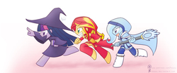 Size: 2850x1180 | Tagged: safe, artist:howxu, sunset shimmer, trixie, twilight sparkle, anthro, equestria girls, g4, ambiguous facial structure, book, counterparts, crossover, crystal maiden, dota 2, female, hat, lina, magical trio, staff, trio, twilight sparkle (alicorn), twilight's counterparts, witch, witch hat