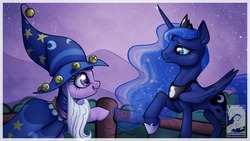 Size: 1280x720 | Tagged: dead source, safe, artist:chubby-kirin, princess luna, star swirl the bearded, twilight sparkle, alicorn, pony, unicorn, g4, clothes, costume, ethereal mane, female, mare, night, nightmare night, raised hoof, redraw, scene interpretation, smiling, starry mane, stars