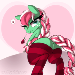 Size: 840x840 | Tagged: safe, artist:prettypinkpony, oc, oc only, oc:peppermint chip, pony, butt, clothes, female, heart, long eyelashes, looking back, mare, mouth hold, plot, rose, socks, solo, striped socks, wink