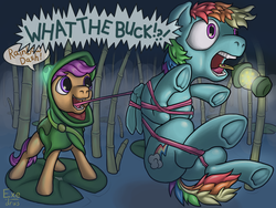 Size: 2250x1688 | Tagged: safe, artist:exedrus, rainbow dash, scootaloo, g4, caught, dialogue, frog costume, imminent vore, implied vore, lantern, preydash, scootapred, tongue out, underhoof