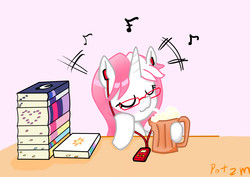 Size: 2600x1836 | Tagged: safe, artist:potzm, oc, oc only, oc:lawyresearch, pony, unicorn, book, drink, earbuds, glasses, mp3 player, relaxing, solo