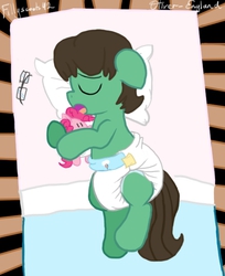 Size: 500x612 | Tagged: safe, artist:oliver-england, pinkie pie, oc, oc:tenerius, g4, adult foal, crib, diaper, glasses, non-baby in diaper, pacifier, plushie, poofy diaper, sleeping, solo, story included