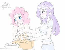 Size: 1280x976 | Tagged: safe, artist:jonfawkes, pinkie pie, rarity, human, g4, 30 minute art challenge, belly button, blushing, elf ears, female, humanized, lesbian, midriff, picnic basket, ship:raripie, shipping