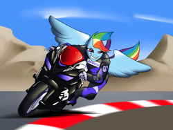 Size: 1200x900 | Tagged: safe, artist:stigma-photon, rainbow dash, anthro, g4, biker, female, grin, motorcycle, racing, solo