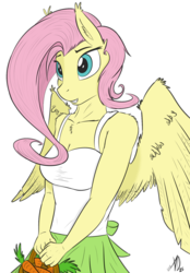 Size: 1200x1725 | Tagged: safe, artist:almonddragon, artist:rinku, color edit, edit, fluttershy, anthro, g4, basket, carrot, cleavage, clothes, colored, equestria girls outfit, female, smiling, solo, spread wings, tank top