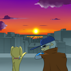 Size: 1000x1000 | Tagged: safe, artist:khorme, oc, oc only, oc:ultramare, dog, earth pony, pony, city, cityscape, clothes, hat, looking back, sunset, trenchcoat