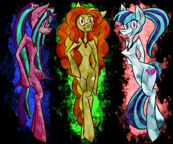 Size: 1080x900 | Tagged: safe, artist:azulmimi99, adagio dazzle, aria blaze, sonata dusk, earth pony, pony, semi-anthro, equestria girls, g4, abstract background, bipedal, black background, disguise, disguised siren, earth pony adagio dazzle, earth pony aria blaze, earth pony sonata dusk, equestria girls ponified, evil smile, female, gem, grin, hoof on hip, hooves behind back, looking at you, ponified, simple background, siren gem, slit pupils, stylized, the dazzlings, trio, trio female