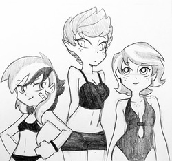 Size: 2437x2279 | Tagged: safe, artist:kianamai, oc, oc only, oc:golden delicious, oc:prism bolt, oc:turquoise blitz, dracony, human, hybrid, kilalaverse, bikini, breasts, clothes, high res, humanized, humanized oc, interspecies offspring, monochrome, next generation, offspring, panty and stocking with garterbelt, parent:applejack, parent:caramel, parent:rainbow dash, parent:rarity, parent:soarin', parent:spike, parents:carajack, parents:soarindash, parents:sparity, pencil drawing, rule 63, style emulation, swimsuit, traditional art