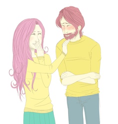 Size: 2120x2239 | Tagged: safe, artist:fiona, fluttershy, human, g4, beard, blushing, butterscotch, clothes, high res, humanized, rule 63, self ponidox, sweatershy