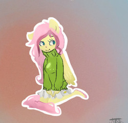 Size: 412x396 | Tagged: safe, artist:foxtali, fluttershy, anthro, g4, ambiguous facial structure, clothes, female, skirt, solo, sweater, sweatershy