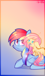 Size: 1200x2000 | Tagged: safe, artist:gnidagovnida, fluttershy, rainbow dash, pegasus, pony, g4, beady eyes, chibi, female, floating heart, floppy ears, heart, lesbian, ship:flutterdash, shipping, size difference