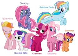Size: 2879x2076 | Tagged: dead source, safe, artist:atomiclance, cheerilee, cheerilee (g3), pinkie pie, pinkie pie (g3), rainbow dash, rainbow dash (g3), scootaloo, scootaloo (g3), starsong, sweetie belle, sweetie belle (g3), toola-roola, earth pony, pegasus, pony, unicorn, g3, g4, core seven, female, filly, foal, g3 to g4, generation leap, high res, mare, palette swap, recolor, simple background, transparent background