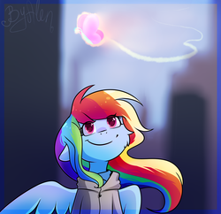 Size: 2000x1932 | Tagged: safe, artist:gnidagovnida, rainbow dash, butterfly, pegasus, pony, g4, cheek fluff, clothes, female, floppy ears, hoodie, smiling, solo