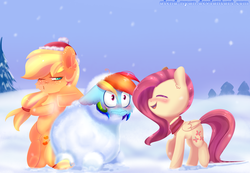 Size: 2788x1932 | Tagged: safe, artist:gnidagovnida, applejack, fluttershy, rainbow dash, earth pony, pegasus, pony, g4, clothes, cold, floppy ears, hat, scarf, snow, snowfall, snowman, snowmare