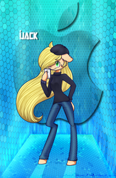 Size: 1500x2300 | Tagged: safe, artist:gnidagovnida, applejack, earth pony, anthro, g4, apple (company), arm hooves, beatnik, beret, clothes, female, hair over one eye, hoof hold, jeans, pants, solo, sweater, turtleneck