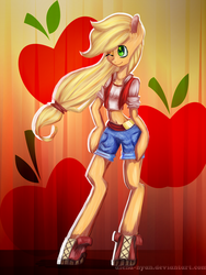 Size: 1500x1999 | Tagged: safe, artist:gnidagovnida, applejack, earth pony, pony, semi-anthro, g4, arm hooves, belly button, bipedal, clothes, female, hatless, midriff, missing accessory, solo, wink