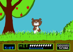 Size: 1024x724 | Tagged: safe, artist:manfartwish, winona, dog, parasprite, g4, apple tree, crossover, duck hunt, female, laughing, nintendo, solo, tree