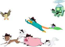 Size: 1047x763 | Tagged: artist needed, dead source, safe, angel bunny, gummy, opalescence, owlowiscious, tank, winona, alligator, bird, cat, dog, owl, pig, platypus, rabbit, tortoise, g4, animal, crossover, gravity falls, hat, male, o.w.c.a, perry the platypus, pets, phineas and ferb, secret agent, simple background, transparent background, waddles, wholesome