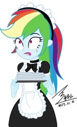 Size: 900x1488 | Tagged: safe, artist:bluse, rainbow dash, equestria girls, g4, my little pony equestria girls: rainbow rocks, background removed, clothes, female, maid, rainbow maid, show accurate, signature, simple background, solo, tray, white background