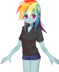 Size: 900x1100 | Tagged: safe, artist:quizia, rainbow dash, equestria girls, g4, anime, clothes, colored pupils, cute, dashabetes, female, hoodie, shorts, simple background, smiling, solo, white background