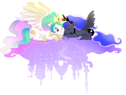 Size: 1280x964 | Tagged: safe, artist:quizia, princess celestia, princess luna, g4, cute, eyes closed, horn, horns are touching, royal sisters, siblings, sisters