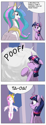 Size: 1737x4737 | Tagged: safe, artist:arvaus, artist:otakuap edit, princess celestia, twilight sparkle, alicorn, pony, g4, age regression, celestia's true form, cewestia, comic, cute, exploitable meme, female, filly, mare, meme, scrunchy face, transformation, true form, twilight sparkle (alicorn)