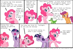 Size: 735x500 | Tagged: safe, artist:theodrixx, gummy, pinkie pie, scootaloo, twilight sparkle, g4, comic, dinosaur comics, parody