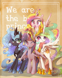 Size: 1000x1267 | Tagged: safe, artist:kolshica, princess cadance, princess celestia, princess luna, twilight sparkle, alicorn, pony, g4, alicorn tetrarchy, big crown thingy, blushing, female, looking at you, mare, open mouth, smiling, spread wings, twilight sparkle (alicorn), wink