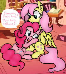 Size: 1600x1800 | Tagged: safe, artist:monnarcha, fluttershy, pinkie pie, pony, g4, :o, cute, duo, open mouth, pregnant, raised eyebrow, sitting, smiling