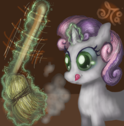 Size: 610x620 | Tagged: safe, artist:chibiwendy, sweetie belle, pony, g4, broom, female, magic, solo, sweetie belle's magic brings a great big smile