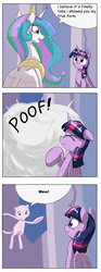 Size: 1038x2792 | Tagged: safe, artist:otakuap edit, princess celestia, twilight sparkle, alicorn, mew, pony, g4, celestia's true form, crossover, dialogue, exploitable meme, female, mare, meme, pokémon, poof, scrunchy face, speech bubble, transformation, true form, twilight sparkle (alicorn)