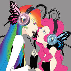 Size: 894x894 | Tagged: safe, artist:mlpfimcp, pinkie pie, rainbow dash, butterfly, human, g4, anime, butterfly wings, clothes, duo, female, fingerless gloves, gloves, headphones, humanized, in love, lesbian, looking at each other, magnet (vocaloid), ship:pinkiedash, shipping, singing, song reference, vocaloid