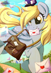 Size: 800x1132 | Tagged: dead source, safe, artist:rainbowscreen, derpy hooves, pegasus, pony, g4, female, heart, letter, mailbag, mailpony, mare, mouth hold, solo