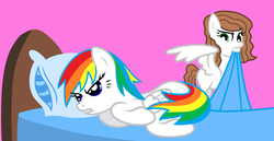 Size: 2116x1096 | Tagged: safe, artist:bluse, oc, oc only, pony, bed, blanket, female, pillow, rainbow hair, show accurate