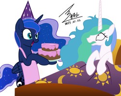 Size: 900x712 | Tagged: safe, artist:bluse, princess celestia, princess luna, pony, g4, cake, female, scared, show accurate