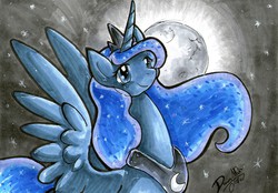 Size: 2426x1693 | Tagged: safe, artist:dawnallies, princess luna, alicorn, pony, g4, crown, female, horn, jewelry, mare, moon, night, peytral, regalia, signature, smiling, solo, spread wings, stars, traditional art
