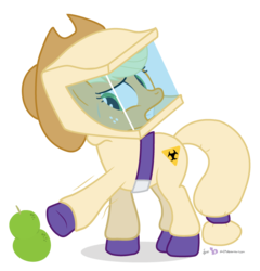 Size: 690x720 | Tagged: safe, artist:dm29, applejack, earth pony, pony, g4, female, hazmat suit, hilarious in hindsight, mare, pear, pearlarious in hindsight, simple background, solo, sweatdrop, that pony sure does hate pears, transparent background