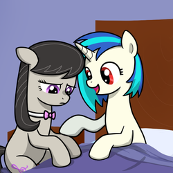 Size: 555x555 | Tagged: safe, artist:drawponies, artist:terminuslucis, dj pon-3, octavia melody, vinyl scratch, comic:adapting to night, g4, bed, comic, preview, sitting