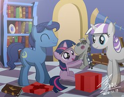 Size: 1300x1018 | Tagged: safe, artist:bluse, night light, smarty pants, twilight sparkle, twilight velvet, pony, unicorn, g4, book, cute, father and child, father and daughter, female, filly, filly twilight sparkle, happy, husband and wife, male, mother and child, mother and daughter, present, ship:nightvelvet, show accurate, smiling, straight, sweet dreams fuel, telescope, twiabetes, velvetbetes, younger