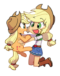 Size: 351x444 | Tagged: safe, artist:baekgup, applejack, human, pony, equestria girls, g4, applejack's hat, clothes, cowboy hat, cute, freckles, hat, holding a pony, human ponidox, jackabetes, kneeling, looking at each other, open mouth, simple background, square crossover, weapons-grade cute, white background