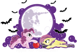 Size: 749x519 | Tagged: safe, artist:chii---chan, fluttershy, pinkie pie, bat, g4, apple, flutterbat, mare in the moon, moon, question, simple background, transparent background