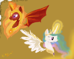 Size: 2500x2000 | Tagged: safe, artist:lol-katrina, nightmare star, princess celestia, g4, duality, high res, spread wings