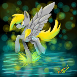 Size: 2000x2000 | Tagged: safe, artist:lol-katrina, derpy hooves, pegasus, pony, g4, female, high res, mare, solo, spread wings, water