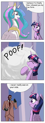 Size: 1737x4737 | Tagged: safe, artist:otakuap, princess celestia, twilight sparkle, alicorn, human, pony, g4, celestia's true form, character to character, cigarette, comic, crossover, dialogue, female, mare, meme, poof, speech bubble, spy, spy (tf2), team fortress 2, transformation, twilight sparkle (alicorn)